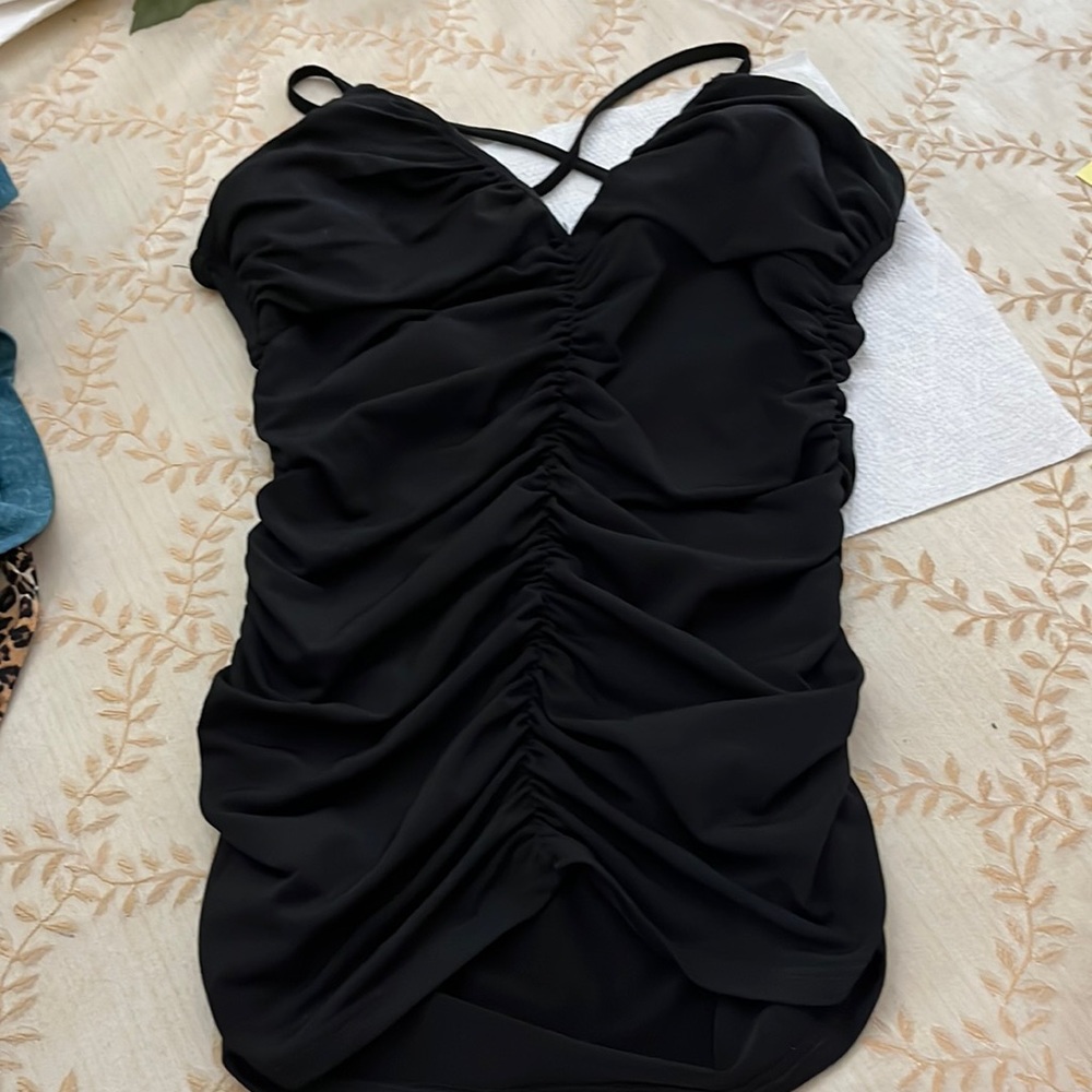 Hot Kiss size small blk tank top with ruched in front/sides, sexy low cut